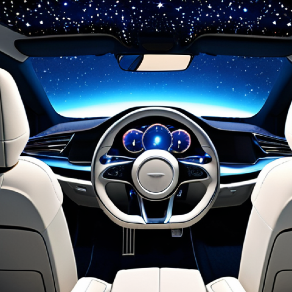 **Prompt:** Sleek and minimalist car interior, featuring a panoramic view of a virtual starry sky through the sunroof, ambient lighting with a calming blue hue reflecting on the smooth dashboard, sustainable materials like woven recycled fabric on the seats, creating a zen atmosphere.