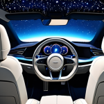 **Prompt:** Sleek and minimalist car interior, featuring a panoramic view of a virtual starry sky through the sunroof, ambient lighting with a calming blue hue reflecting on the smooth dashboard, sustainable materials like woven recycled fabric on the seats, creating a zen atmosphere.