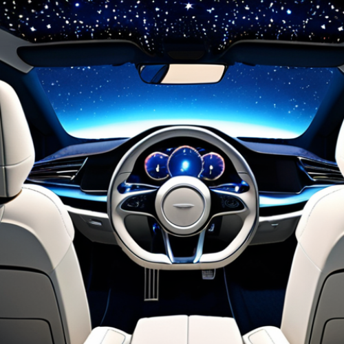 Home 11 **Prompt:** Sleek and minimalist car interior, featuring a panoramic view of a virtual starry sky through the sunroof, ambient lighting with a calming blue hue reflecting on the smooth dashboard, sustainable materials like woven recycled fabric on the seats, creating a zen atmosphere.