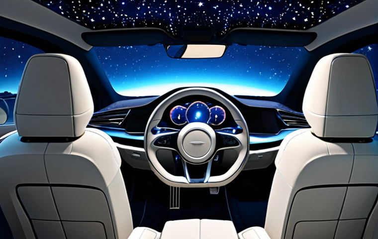 **Prompt:** Sleek and minimalist car interior, featuring a panoramic view of a virtual starry sky through the sunroof, ambient lighting with a calming blue hue reflecting on the smooth dashboard, sustainable materials like woven recycled fabric on the seats, creating a zen atmosphere.