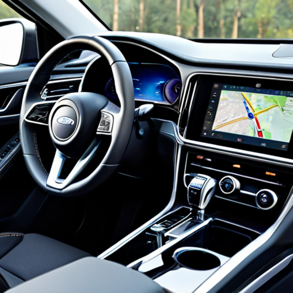 25-inch central touchscreen, which displays a clear navigation map. The customizable digital dashboard shows essential driving information. The comfortable, ergonomic seats and quality materials are visible, bathed in subtle ambient light. The scene emphasizes modern technology, comfort, and safety features. Professional interior automotive photography, high quality, realistic rendering, perfect anatomy, well-formed hands, proper finger count, natural body proportions, natural pose, safe for work, appropriate content, fully clothed, professional dress.