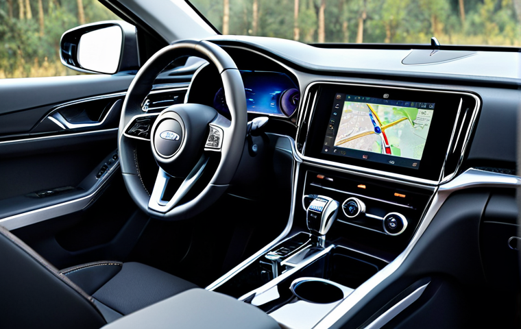 25-inch central touchscreen, which displays a clear navigation map. The customizable digital dashboard shows essential driving information. The comfortable, ergonomic seats and quality materials are visible, bathed in subtle ambient light. The scene emphasizes modern technology, comfort, and safety features. Professional interior automotive photography, high quality, realistic rendering, perfect anatomy, well-formed hands, proper finger count, natural body proportions, natural pose, safe for work, appropriate content, fully clothed, professional dress.