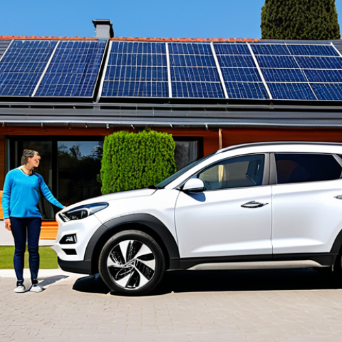**

"A family-friendly scene in front of a modern French house. A fully clothed couple smiles beside their brand new Hyundai Tucson Hybrid, parked in the driveway. The house has solar panels on the roof.  Environment is bright and sunny.  Safe for work, appropriate content, professional, modest, perfect anatomy, correct proportions, natural pose, well-formed hands, proper finger count, natural body proportions, high quality, insurance concept."

**