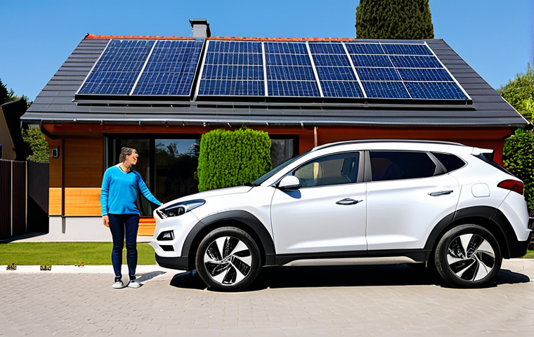 **

"A family-friendly scene in front of a modern French house. A fully clothed couple smiles beside their brand new Hyundai Tucson Hybrid, parked in the driveway. The house has solar panels on the roof.  Environment is bright and sunny.  Safe for work, appropriate content, professional, modest, perfect anatomy, correct proportions, natural pose, well-formed hands, proper finger count, natural body proportions, high quality, insurance concept."

**