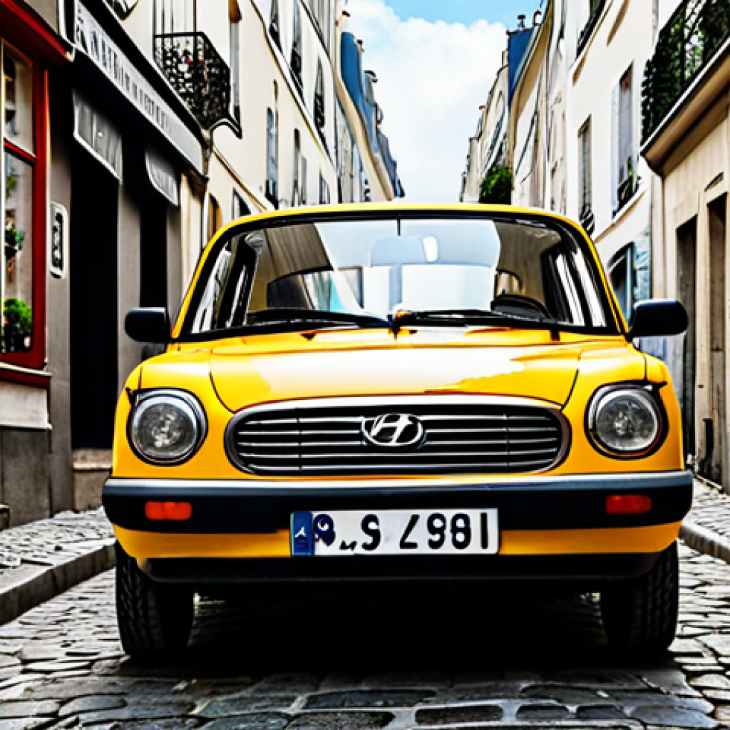 **

A cheerful yellow Hyundai Casper parked on a narrow, cobblestone street in Montmartre, Paris. Quaint cafes and shops line the street. The car is fully clothed with appropriate tires. Perfect anatomy, correct proportions, natural pose. safe for work, appropriate content, fully clothed, family-friendly. professional photography, high quality.

**