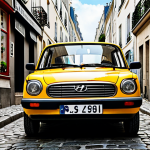 **

A cheerful yellow Hyundai Casper parked on a narrow, cobblestone street in Montmartre, Paris. Quaint cafes and shops line the street. The car is fully clothed with appropriate tires. Perfect anatomy, correct proportions, natural pose. safe for work, appropriate content, fully clothed, family-friendly. professional photography, high quality.

**