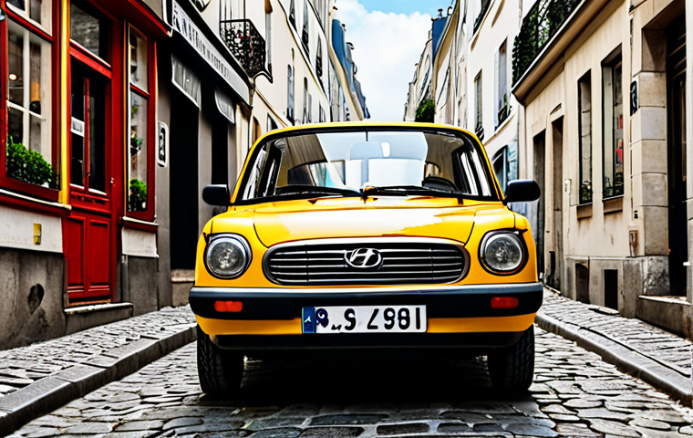 **

A cheerful yellow Hyundai Casper parked on a narrow, cobblestone street in Montmartre, Paris. Quaint cafes and shops line the street. The car is fully clothed with appropriate tires. Perfect anatomy, correct proportions, natural pose. safe for work, appropriate content, fully clothed, family-friendly. professional photography, high quality.

**
