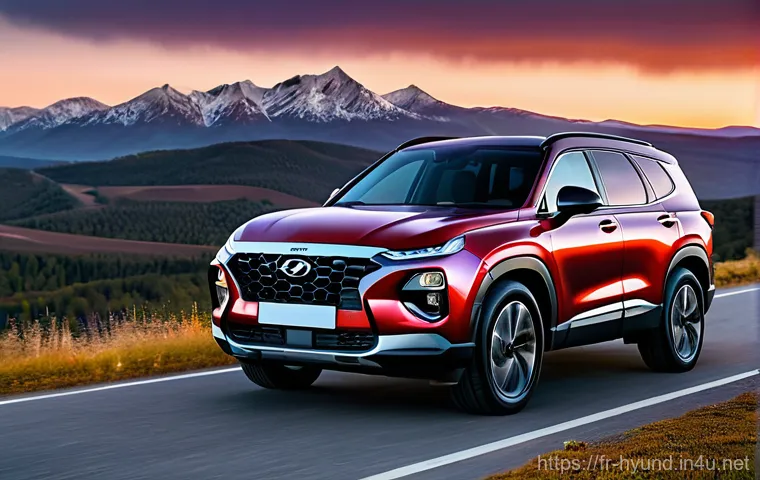 현대 싼타페 풀체인지 예상 - **Prompt:** A new 2025 Hyundai Santa Fe, with its bold, squared-off, and massive design, is parked o...