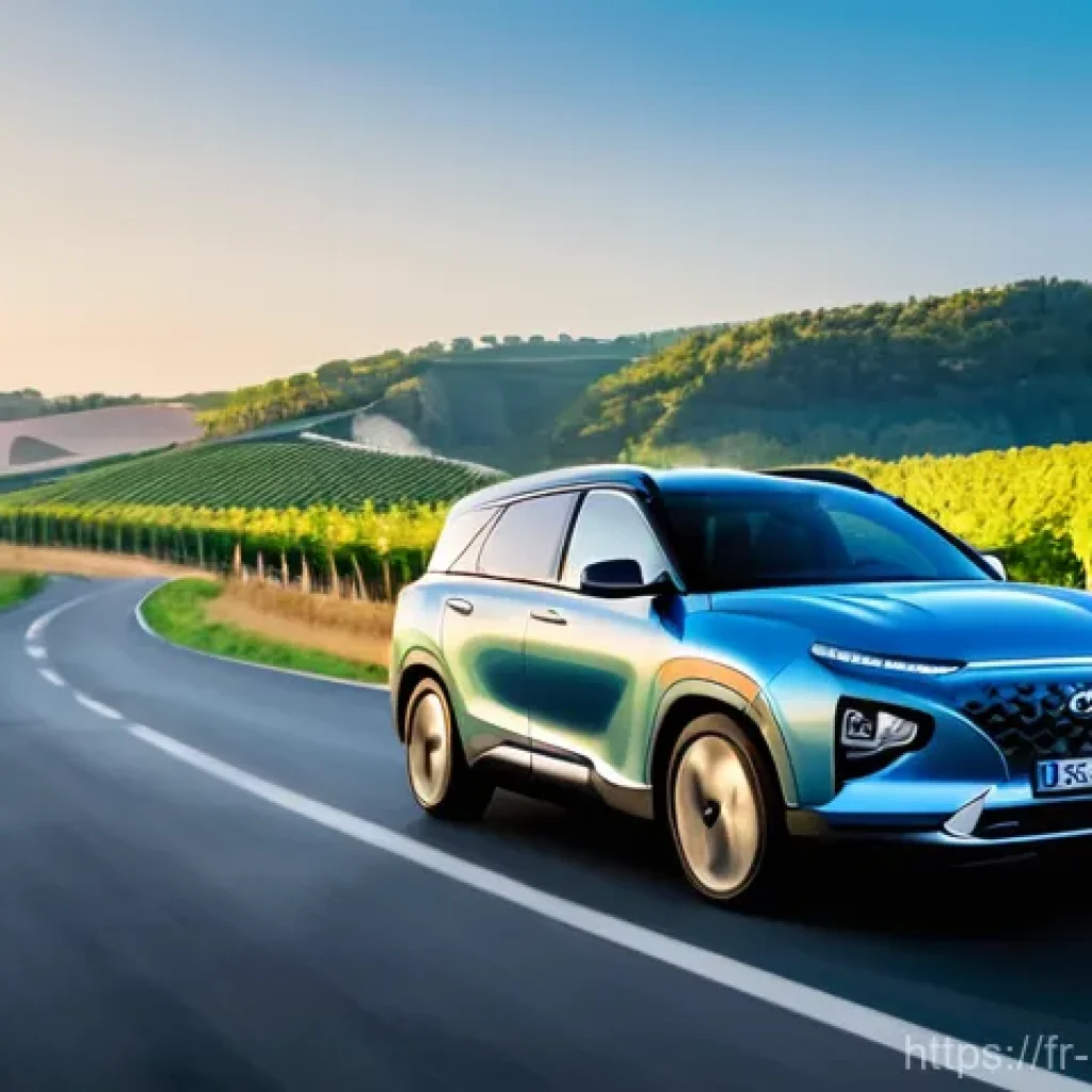 현대 넥쏘의 글로벌 시장 반응 - **Prompt 1: Serene French Countryside Drive**
    A Hyundai Nexo, sleek and modern, drives effortles...