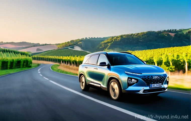 현대 넥쏘의 글로벌 시장 반응 - **Prompt 1: Serene French Countryside Drive**
    A Hyundai Nexo, sleek and modern, drives effortles...