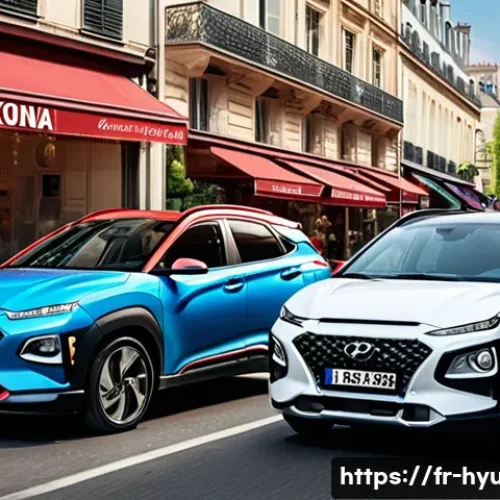 Home 33 현대 아반떼와 현대 코나 연비 비교 - A detailed urban scene showing a compact Hyundai Avante sedan and a Hyundai Kona SUV side by side on...