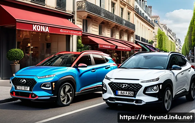 현대 아반떼와 현대 코나 연비 비교 - A detailed urban scene showing a compact Hyundai Avante sedan and a Hyundai Kona SUV side by side on...
