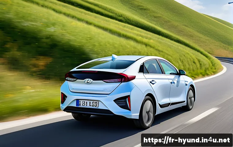 현대 아이오닉 6 롱레인지 주행거리 테스트 - A sleek Hyundai Ioniq 6 electric sedan cruising smoothly on a modern French highway at 110 km/h, sur...