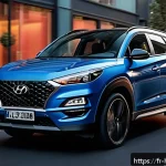 Home 19 현대 투싼 N 라인 고성능 모델 리뷰 - A sleek Hyundai Tucson N Line SUV parked on a modern urban street during sunset, showcasing its dyna...