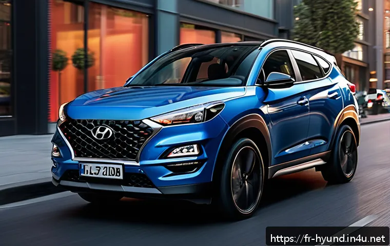 현대 투싼 N 라인 고성능 모델 리뷰 - A sleek Hyundai Tucson N Line SUV parked on a modern urban street during sunset, showcasing its dyna...