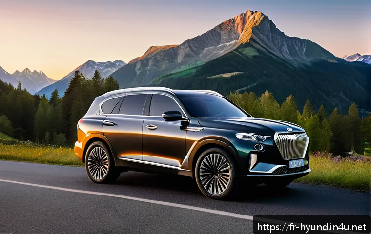 현대 제네시스 GV80과 BMW X5 비교 - A sleek, modern luxury SUV parked on a scenic European mountain road during golden hour, showcasing ...