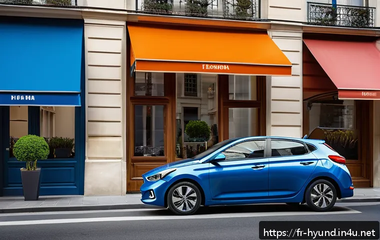 현대 엑센트와 소형차 시장 경쟁 - A sleek and modern Hyundai Accent parked on a vibrant Parisian city street during daytime, showcasin...