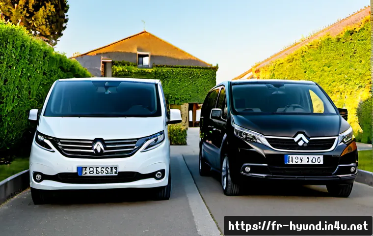 현대 스타리아와 카니발의 패밀리카 경쟁 - Photorealistic side-by-side comparison of two unbranded modern family minivans parked on a quiet sub...